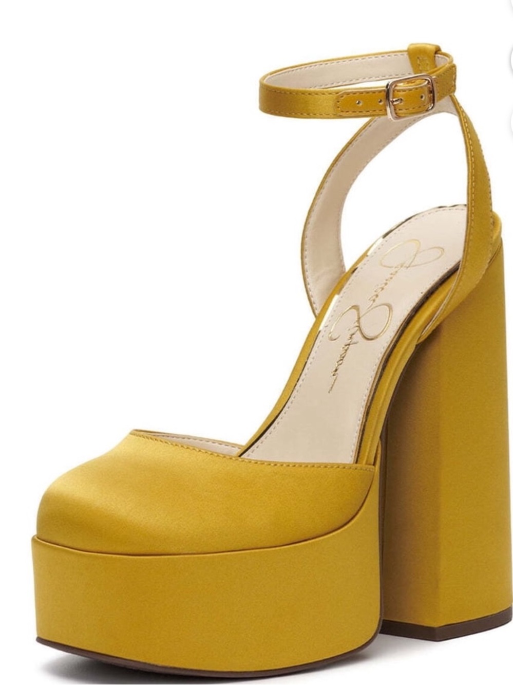 Jessica Simpson Mustard Satin Platform Pump with Ankle Strap